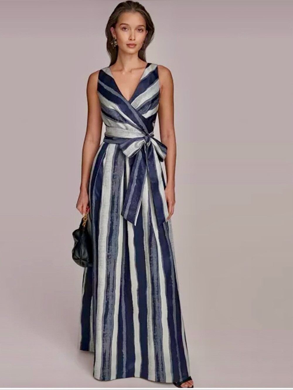 DONNA KARAN NY striped Wrap Maxi Belted Sleeveless Gown (Size 14) $379 NWT